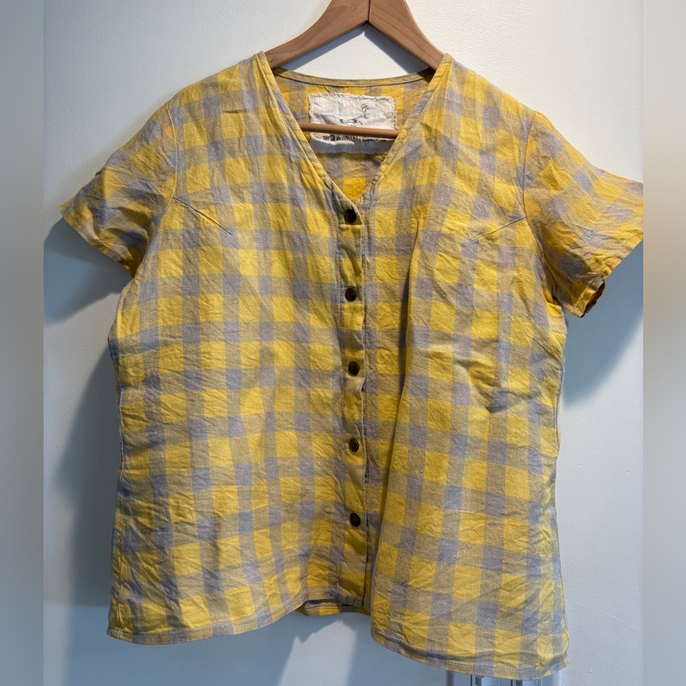notPERFECTLINEN Yellow and Gray Getty short sleeve snap button Linen shirt in L